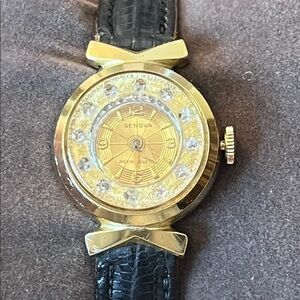 Stunning Rare Vintage Genova Antimagnetic Gold and Black Women's Cocktail Watch